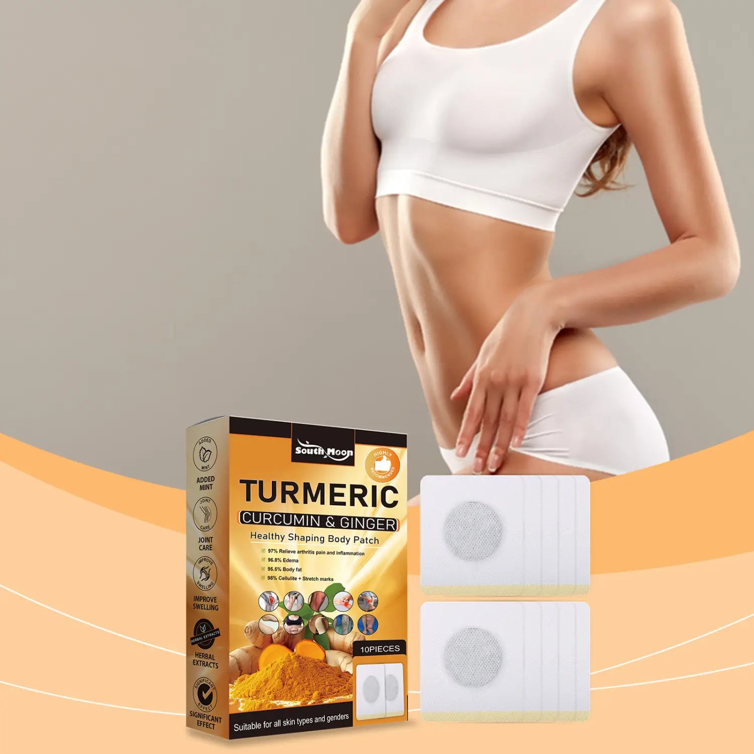 South moon herbal beauty shaping body patch with turmeric curcumin and ginger features a rectangular adhesive design with a textured circular pattern and white backing for healthy body shaping.