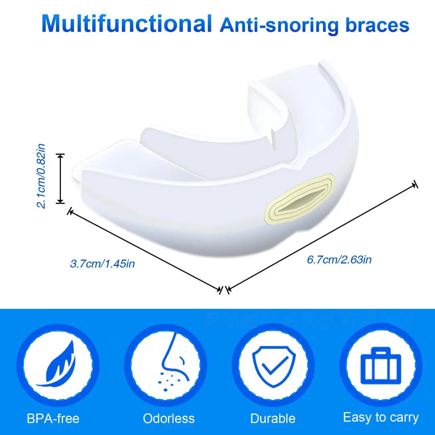 Adjustable anti snoring mouth guard made of white plastic with a soft contoured design and an adjustable inner strap for effective anti snoring support.