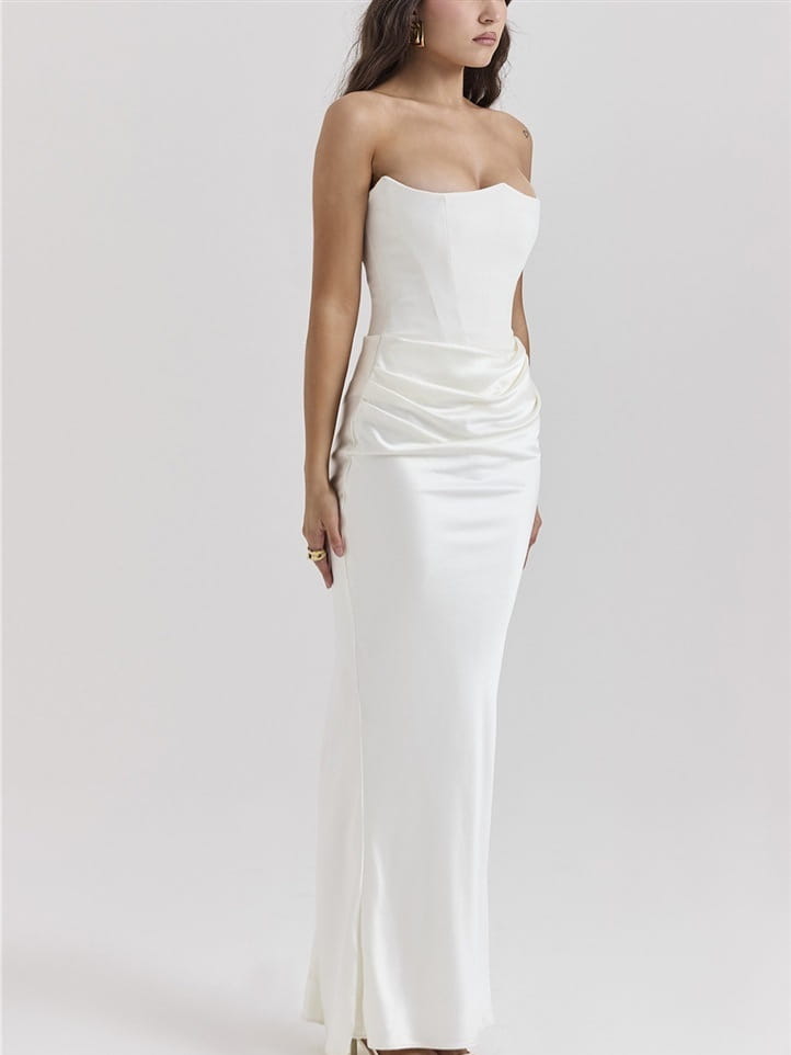 A sleek, strapless white satin long dress sexy fashion bandeau gown featuring a fitted bodice and ruched detailing at the waist.