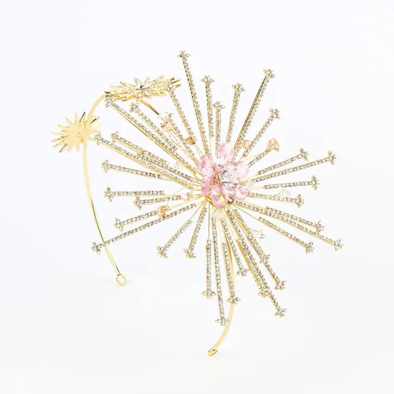 Silver starburst bridal rhinestone headband in gold tone features a delicate dandelion design with clear crystals and a central pink gemstone, ideal as a rhinestone headband hairband hair accessory.