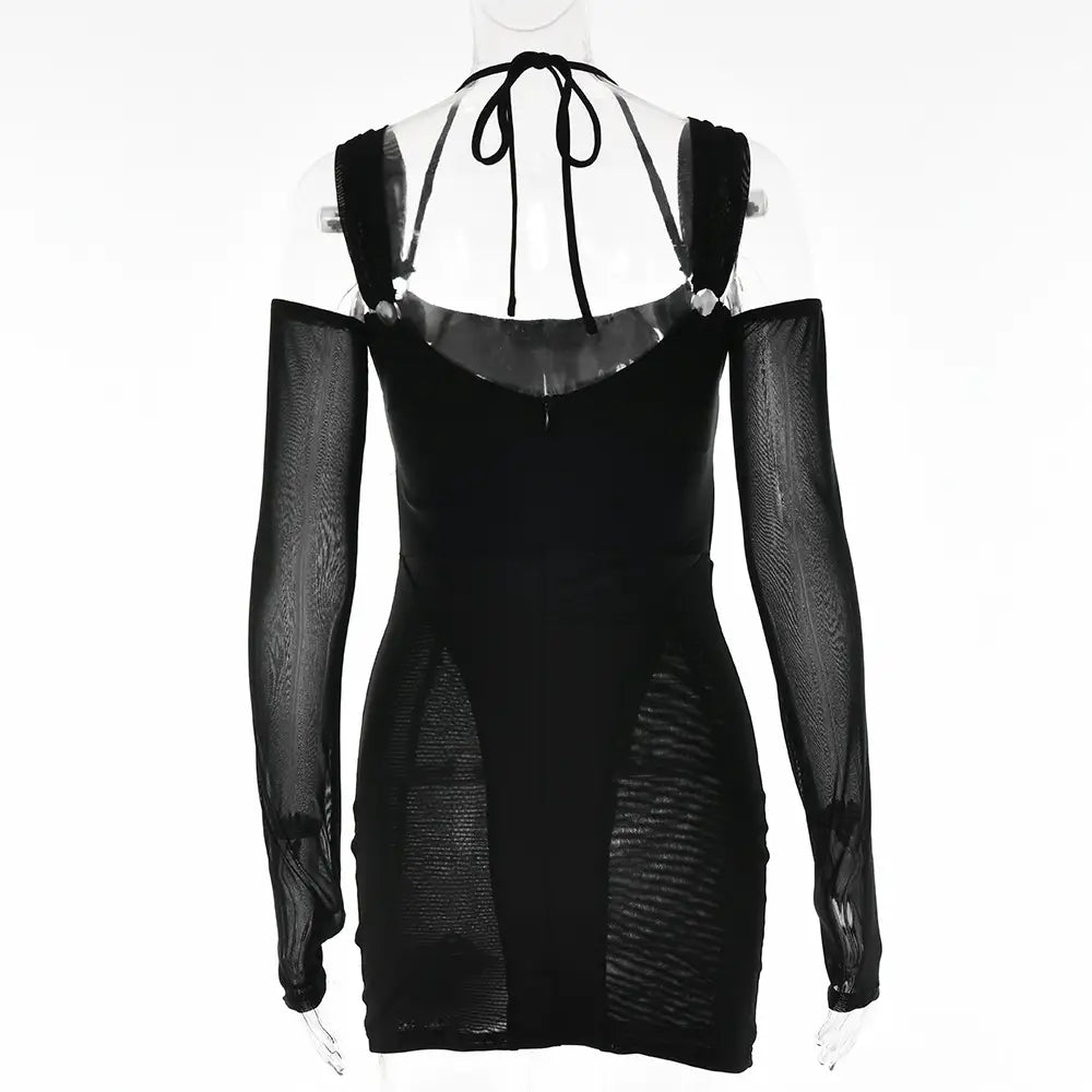 black off-the-shoulder mini sling tight dress with sheer mesh sleeves and tie-back neckline showcasing dress fashion backless design