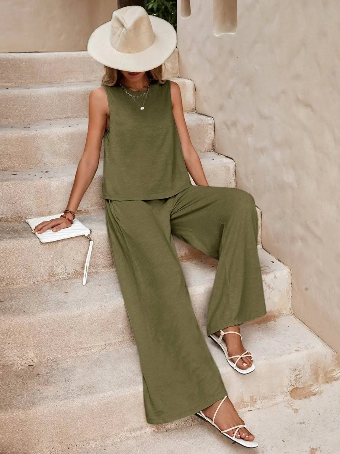 olive green sleeveless top and matching wide-leg casual loose pants set suitable for a relaxed casual look