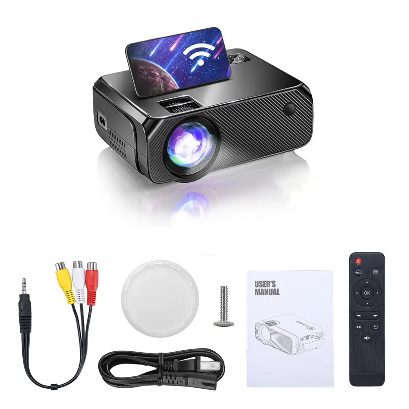 Compact black carbon-fiber textured mini screen projector home with smartphone mounted on top displaying wi-fi signal and cosmic scene for high definition projection.