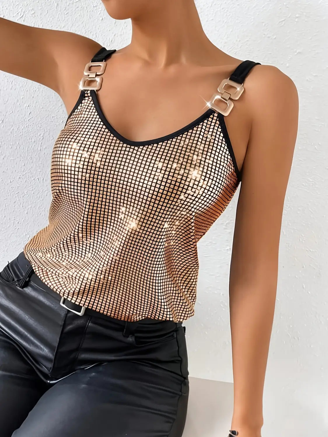 Gold summer sequined suspender chain vest top featuring a gold sequined mesh tank with black straps and square buckle details.