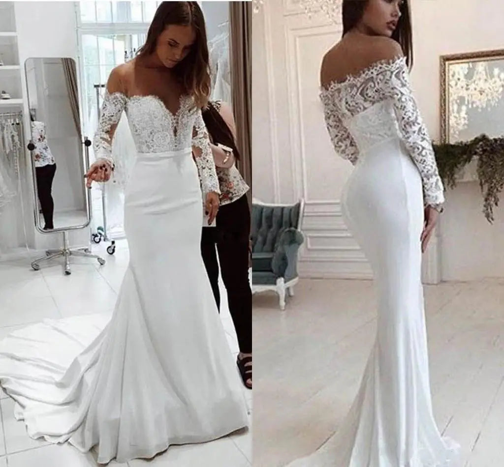 white off-the-shoulder mermaid wedding dress with long lace sleeves and a fitted bodice featuring shoulder lace long details