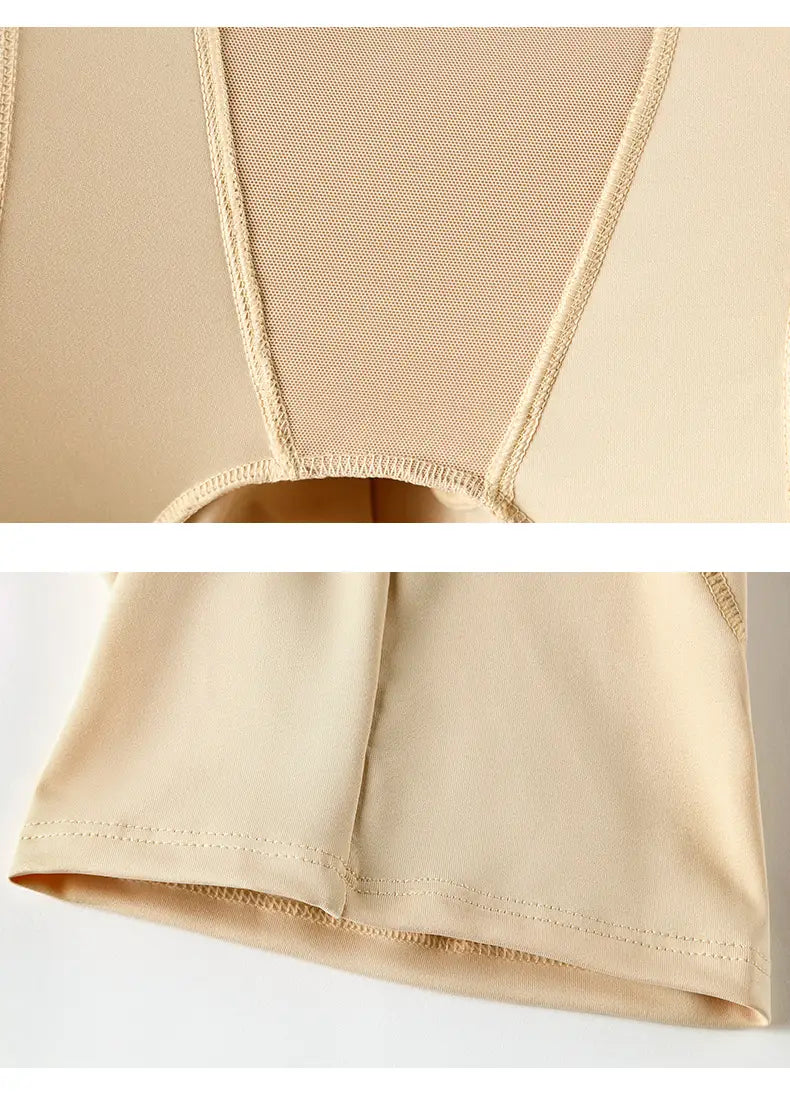 beige high waist body shaper with mesh paneling and fine stitching designed for tummy control and butt lifting.