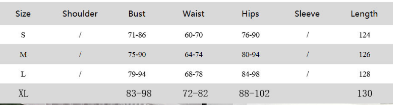 size chart in inches for leopard printed lace up slim fit long dress from sizes small to extra large.