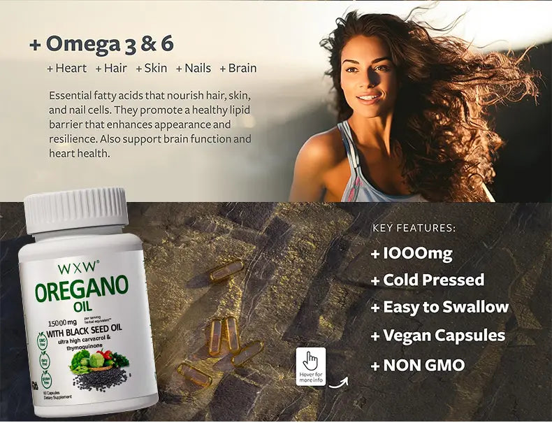 white plastic bottle of wxx black seed oil capsules with black seed oil capsules labeled 1500mg per serving and a white cap