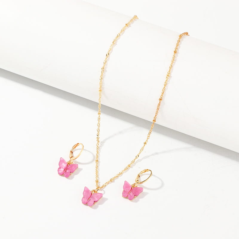 Gold chain necklace with pink fashion resin butterfly pendants and matching gold hoop earrings in a creative fashion resin butterfly set.