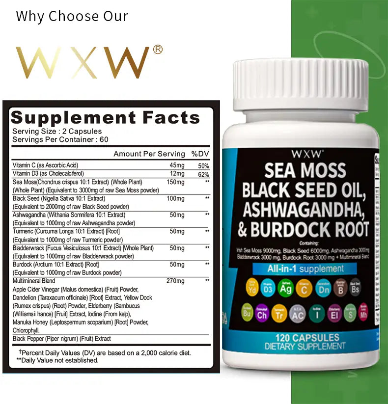white plastic bottle with black and blue label featuring wxx branding labeled as an all-in-one dietary supplement seaweed capsules with sea moss and ashwagandha containing sea moss oil black seed oil ashwagandha burdock root turmeric and other botanical extracts