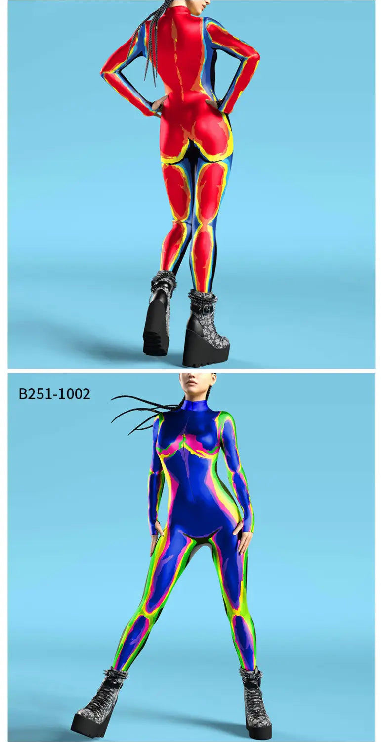 a vibrant flame digital printed buttoned hand jumpsuit featuring a form-fitting design with a high-neck and bold neon color accents in red, blue, green, yellow, and pink made from main fabric.