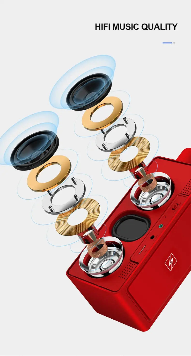 Red rectangular s91s fashion wireless bluetooth speaker clock featuring dual black and gold drivers with sleek design and hifi music quality branding.