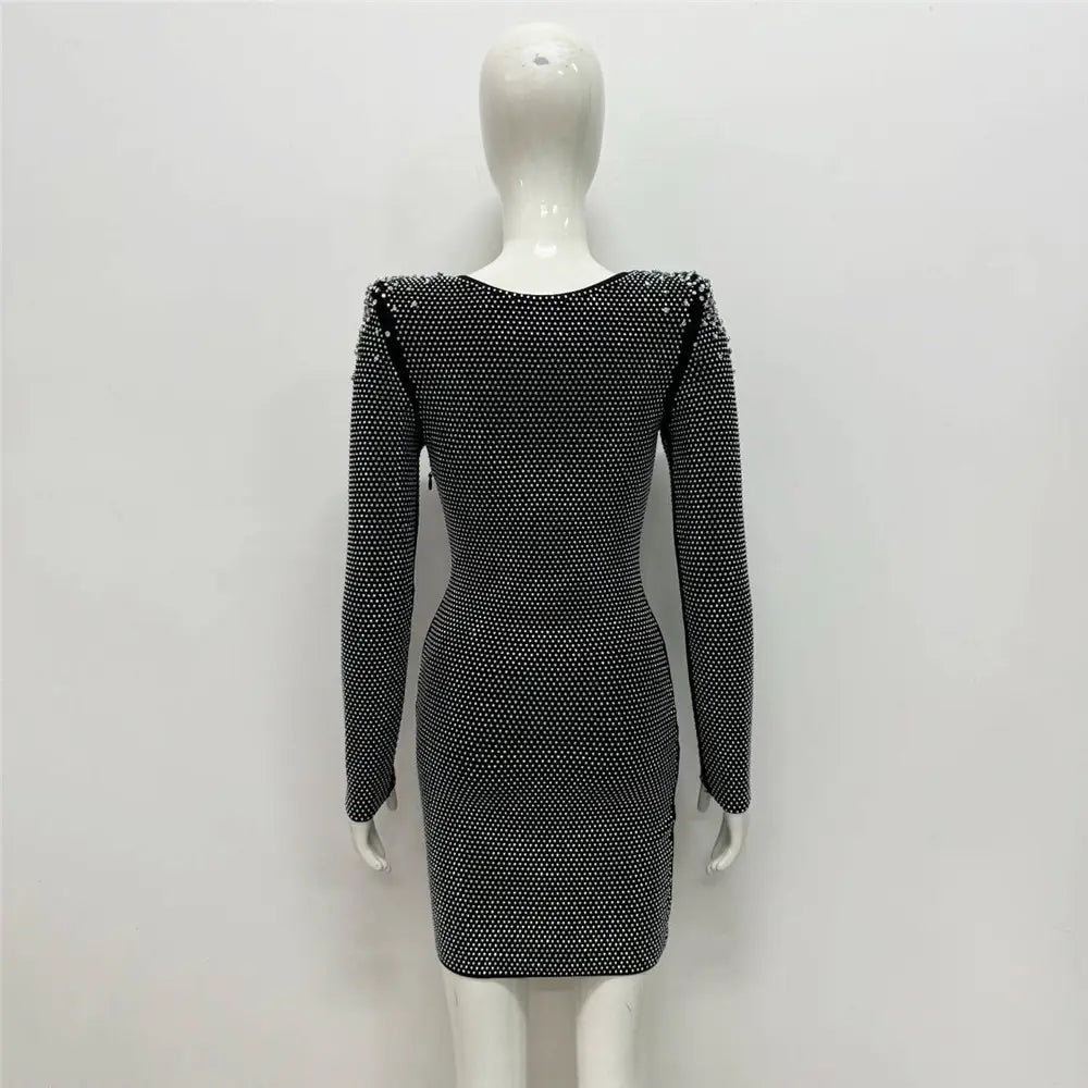 black long-sleeved sexy rhinestone bandage mini dress featuring a dense pattern of sparkling white rhinestones ideal for dress cross border and cross border foreign markets