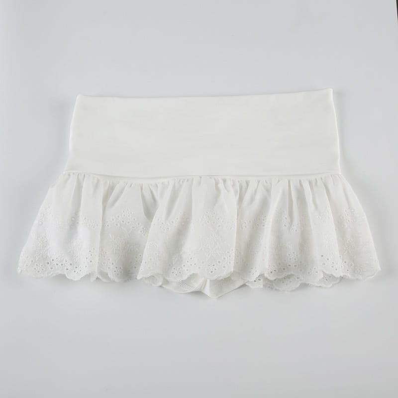 white eyelet ruffle skirt featuring a french high waist elastic double layer lace waist elastic band for a comfortable and elegant fit