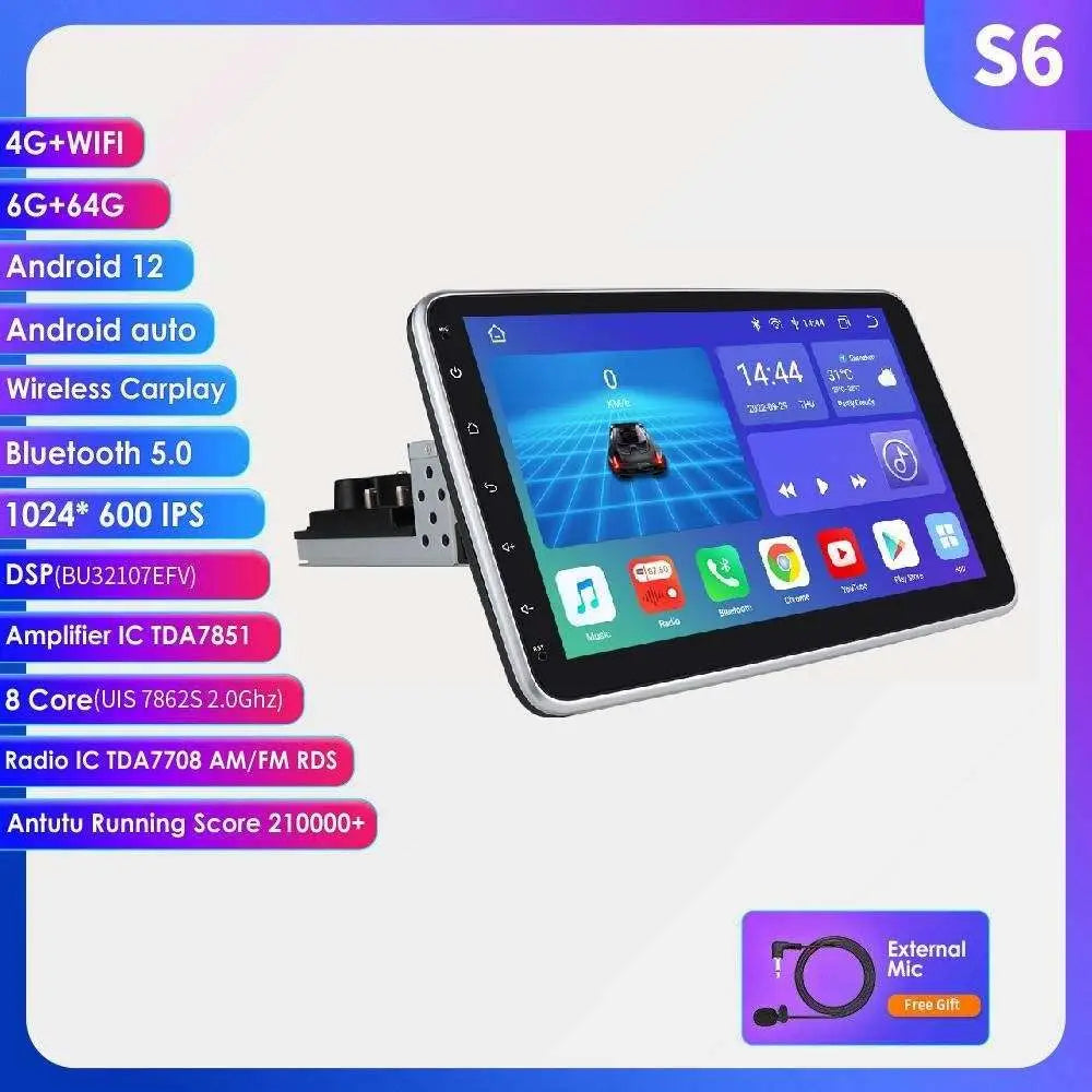 Silver-framed s6 10.1 inch android car stereo with 4glte version carplay and 1024x600 ips touchscreen display