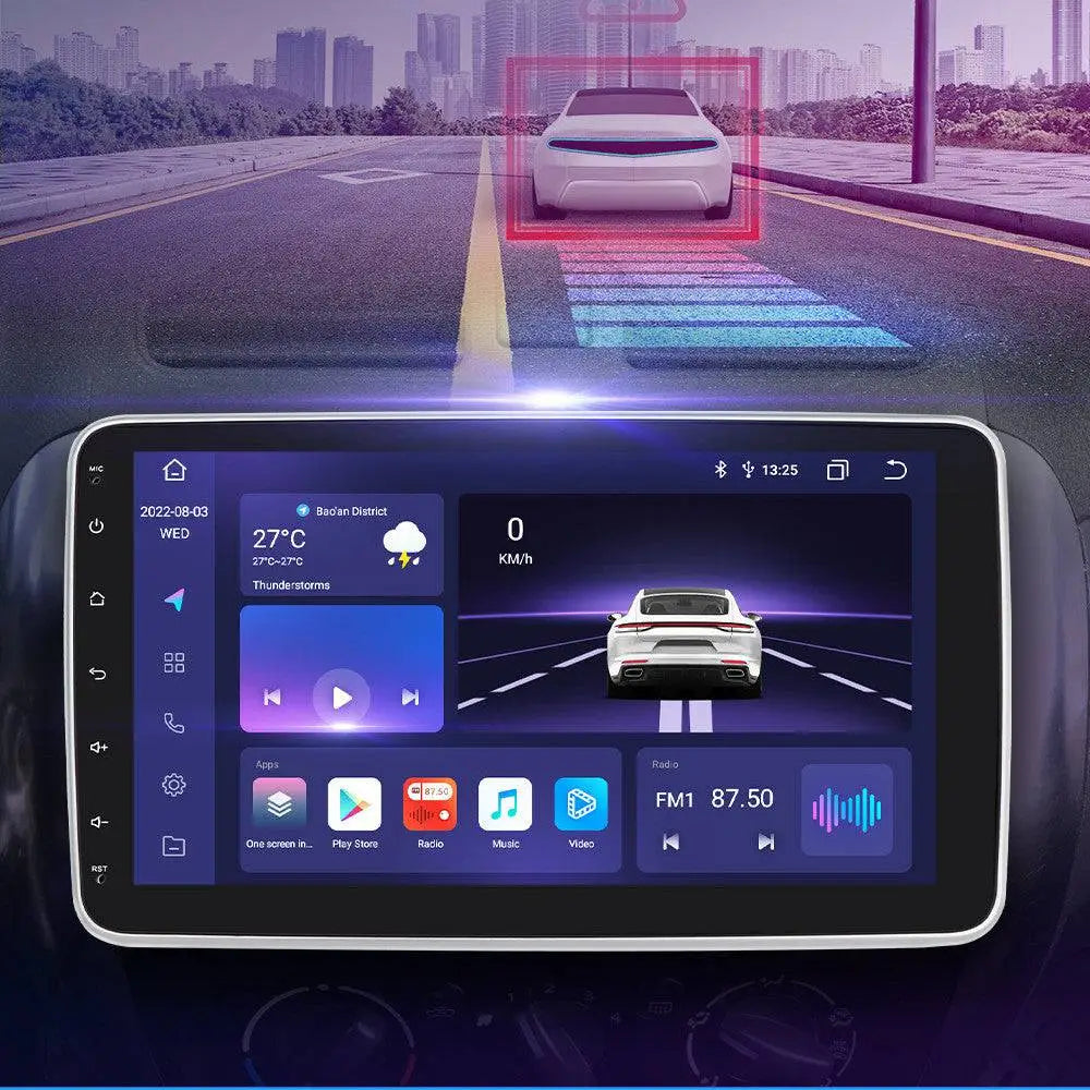 White sedan with sleek modern design and rear spoiler shown with 10.1 inch android car navigation 4glte version carplay system