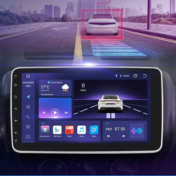 White sedan with sleek modern design and rear spoiler shown with 10.1 inch android car navigation 4glte version carplay system
