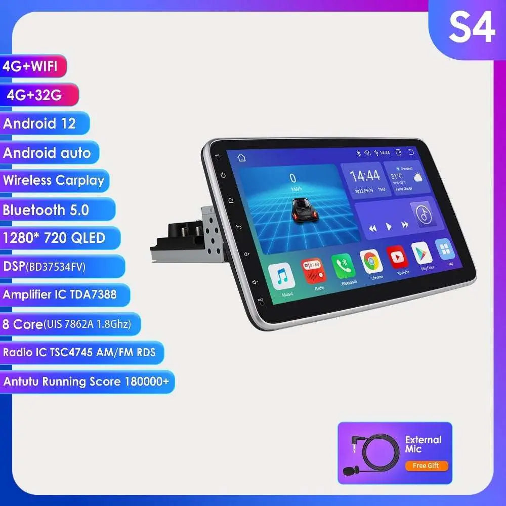 Silver-framed 10.1 inch android car stereo with 1280x720 qled display and android 12 for 4glte version carplay use