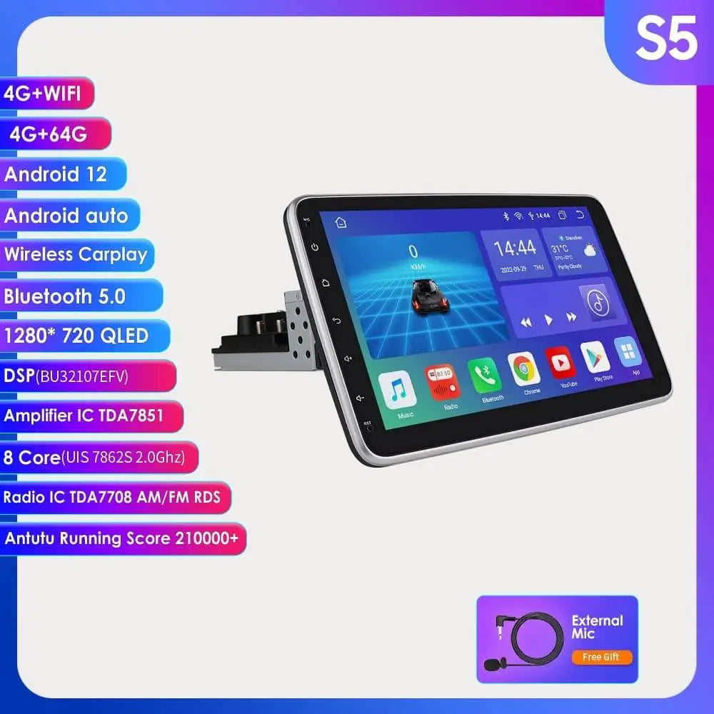 Black-framed 10.1 inch android car stereo with 4glte version carplay and 1280x720 qled screen displaying android 12