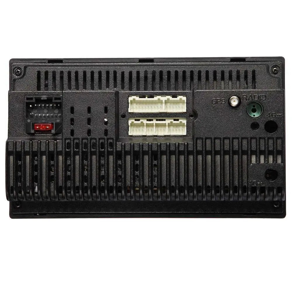 Black 10.2 inch android universal card radio bluetooth player back side with textured panel connectors and ventilation slots