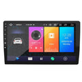 Black 10.25 inch car mp5 integrated stereo with large screen navigation displaying music video and clock interfaces