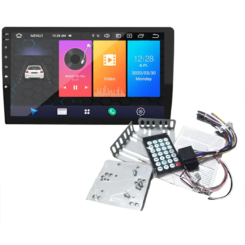 Black 10.2 inch car mp5 integrated stereo with touchscreen large screen navigation includes remote and installation accessories