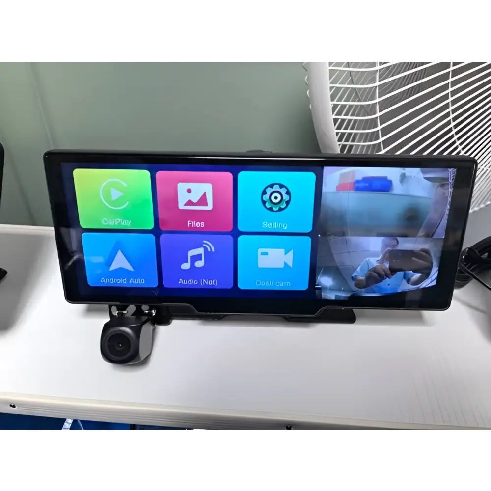 Black-framed 10.26 inch car navigation touchscreen with rear dual recording and rearview camera lens mounted below