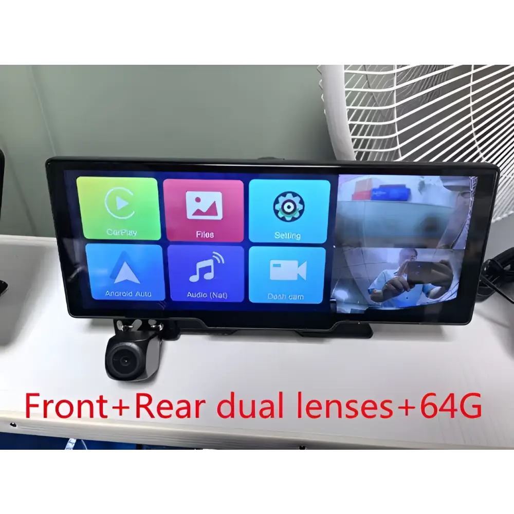 Black-framed 10.26 inch car navigation with rear dual recording lens suction mount and usb port featuring 64gb storage