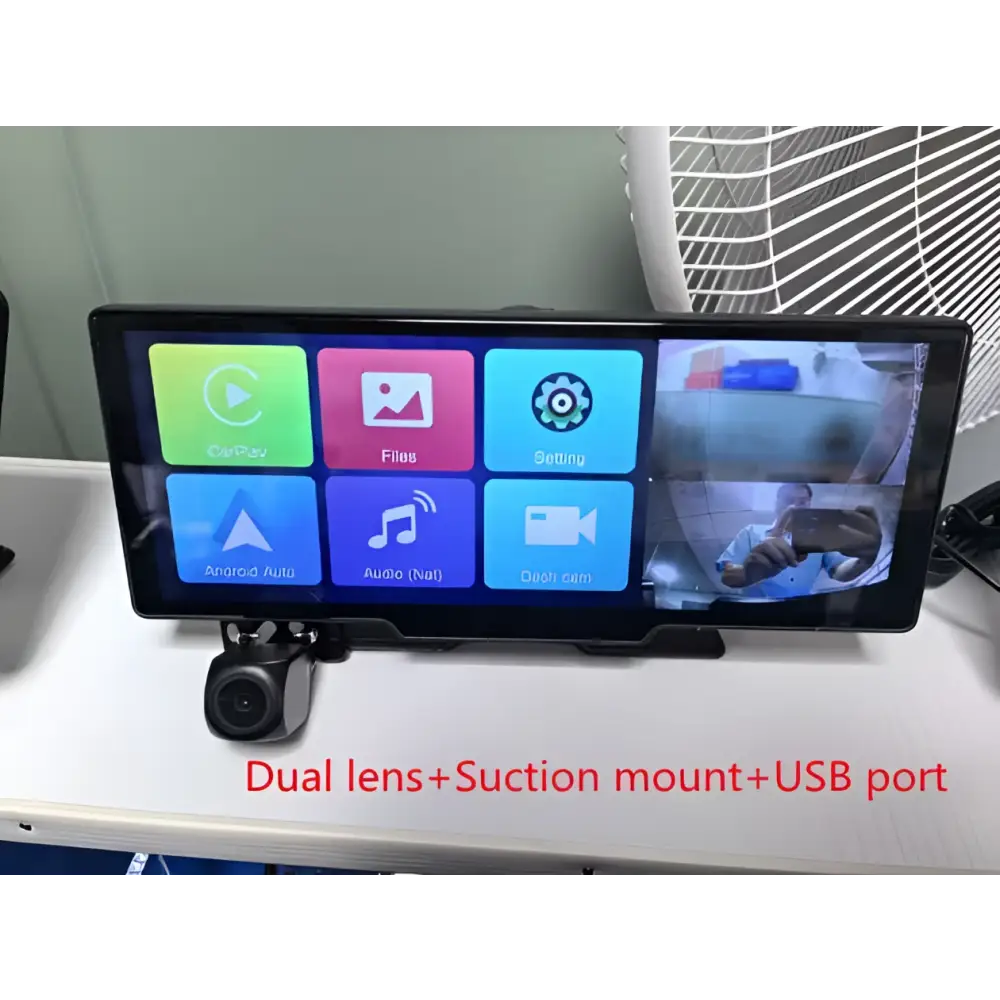 Black-framed 10.26 inch car navigation with rear dual recording showing colorful app icons lens suction mount usb port