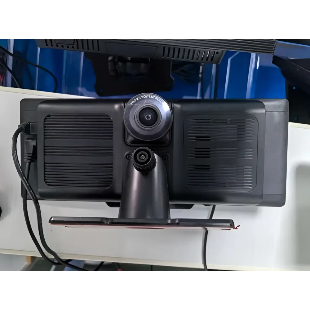 Black rearview camera with circular lens and mounting bracket for 10.26 inch car navigation with rear dual recording