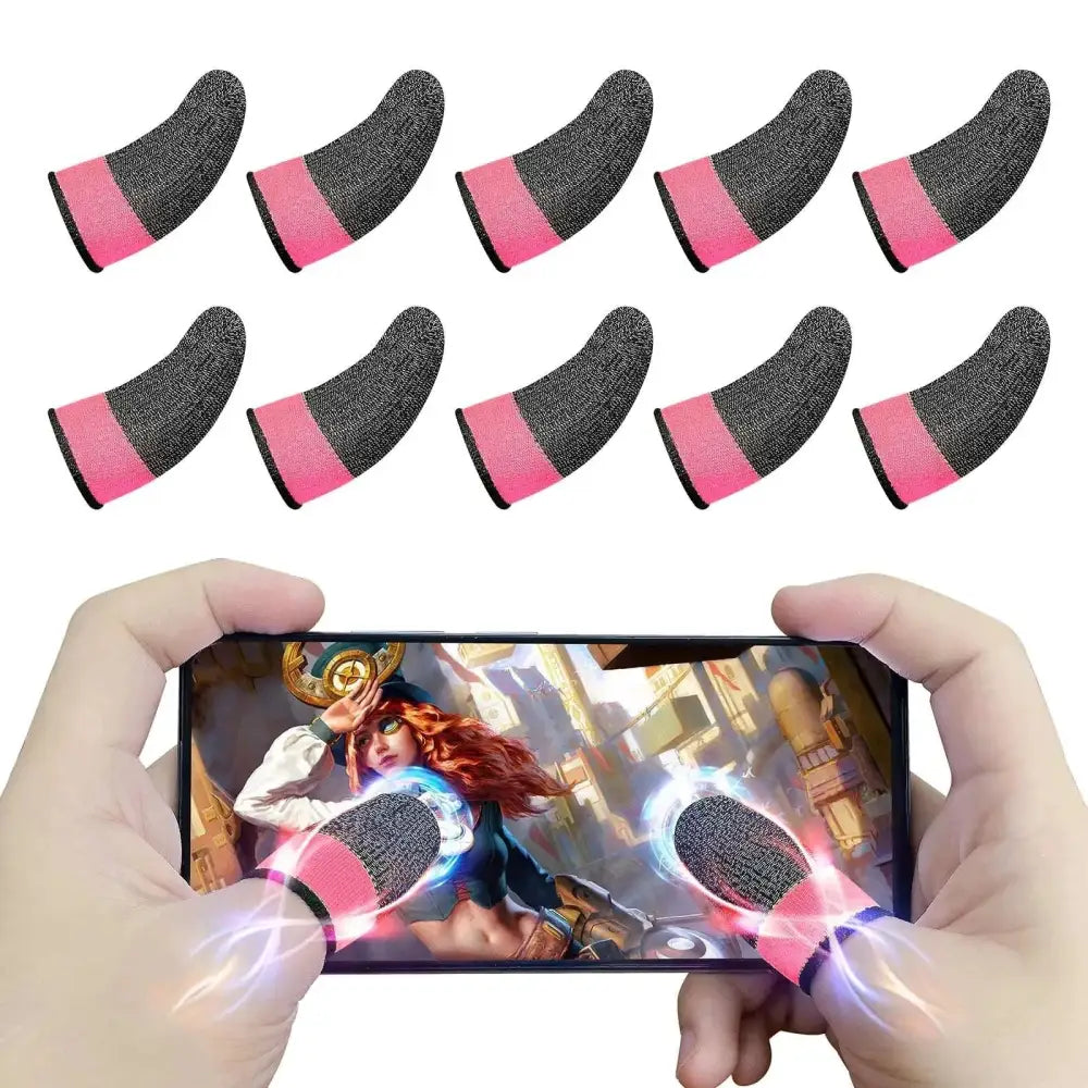 Black and pink gaming finger sleeves with pink silver thread and fluorescent powder shown in use for gaming precision on smartphone