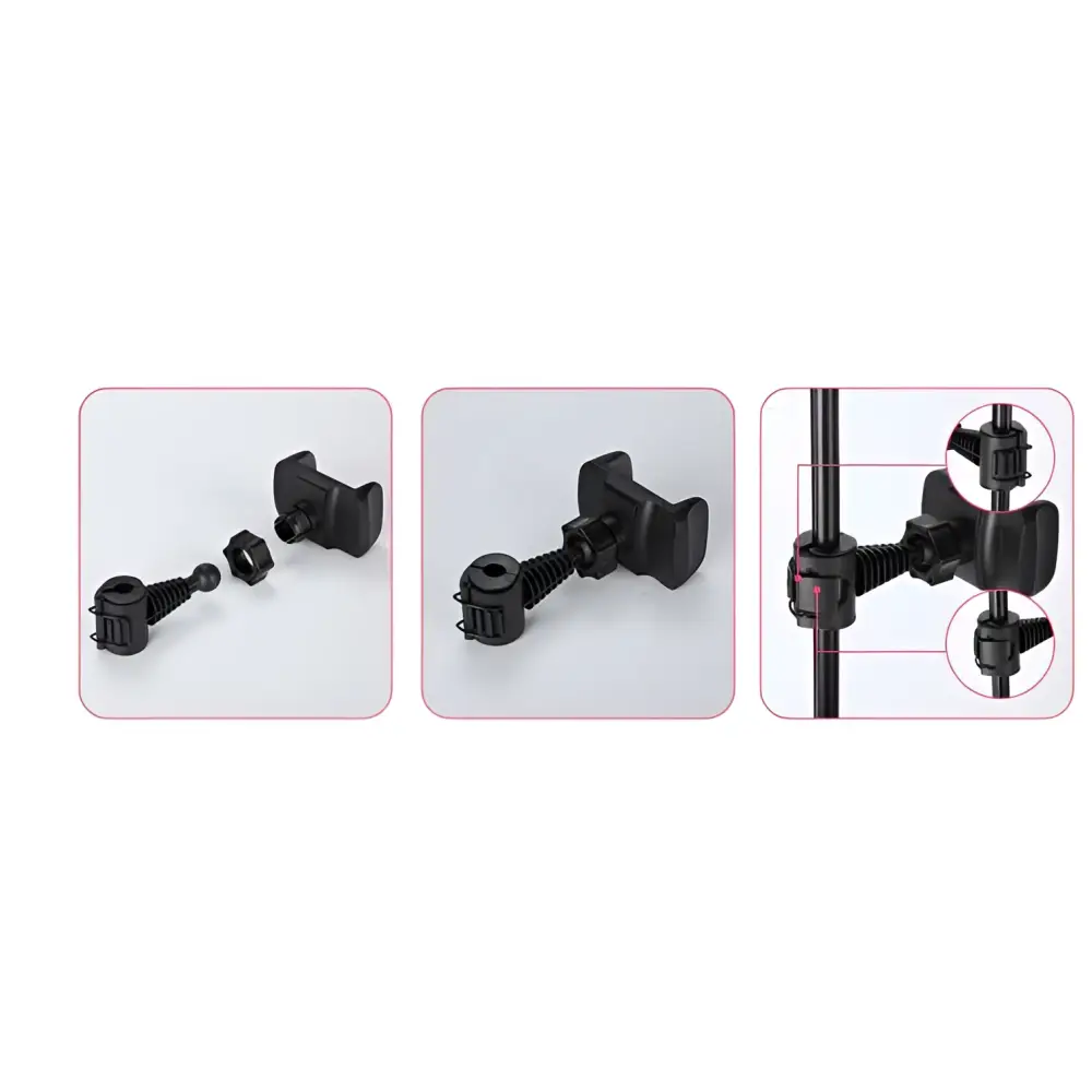 Black plastic tripod clamp with adjustable screw mechanism for 10 inch 26cm ring beauty light with phone holder
