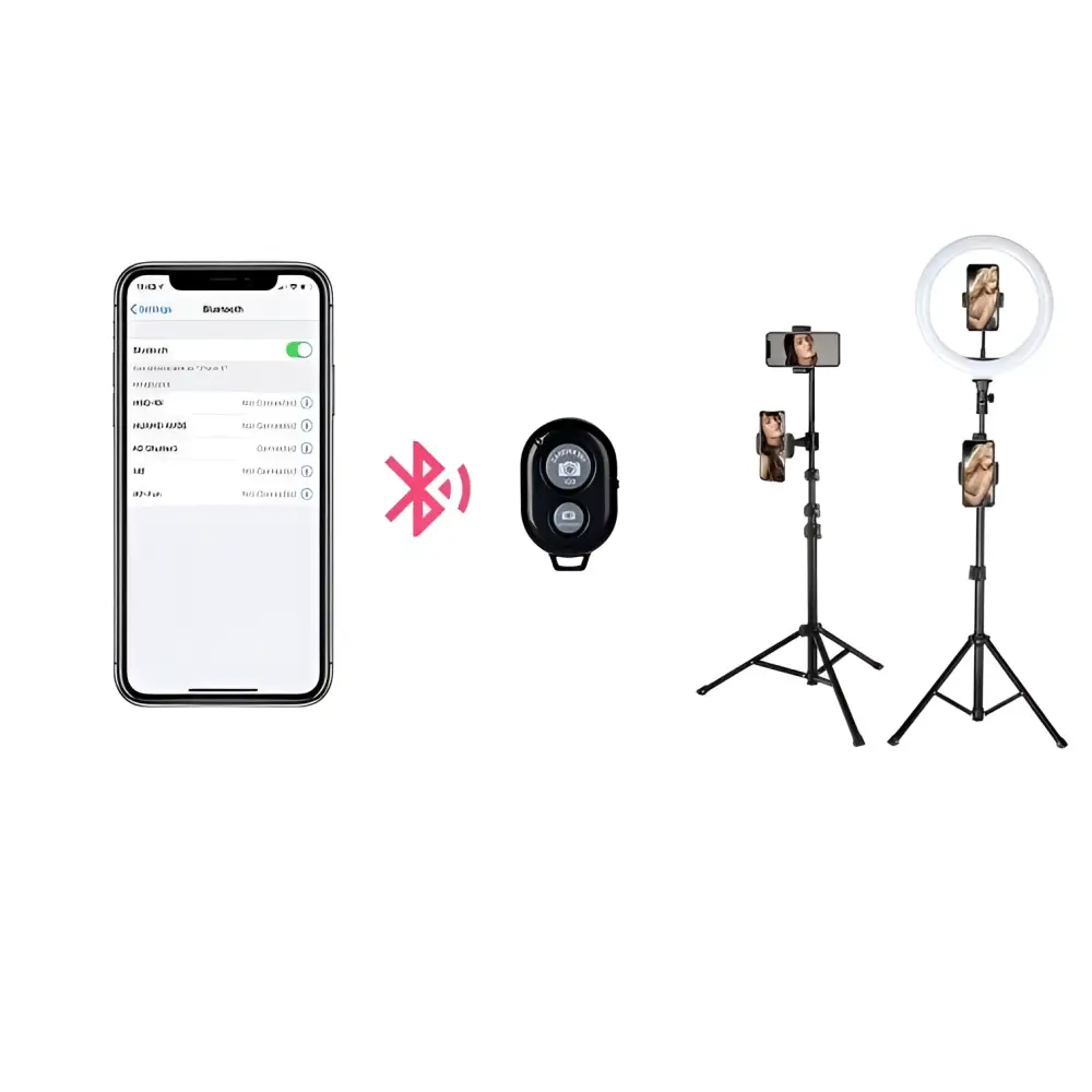 Black wireless phone trigger remote with camera and shutter buttons for 10 inch 26cm ring beauty light with phone holder