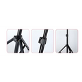 Black metal tripod with adjustable legs and locking mechanisms for 10 inch 26cm ring beauty light with phone holder