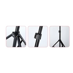 Black metal tripod with adjustable legs and locking mechanisms for 10 inch 26cm ring beauty light with phone holder