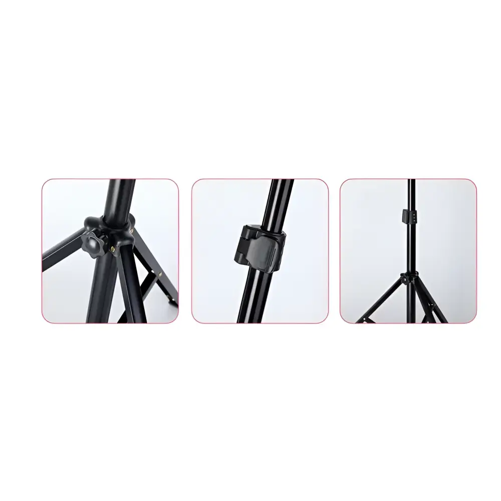 Black metal tripod with adjustable legs and locking mechanisms for 10 inch 26cm ring beauty light with phone holder