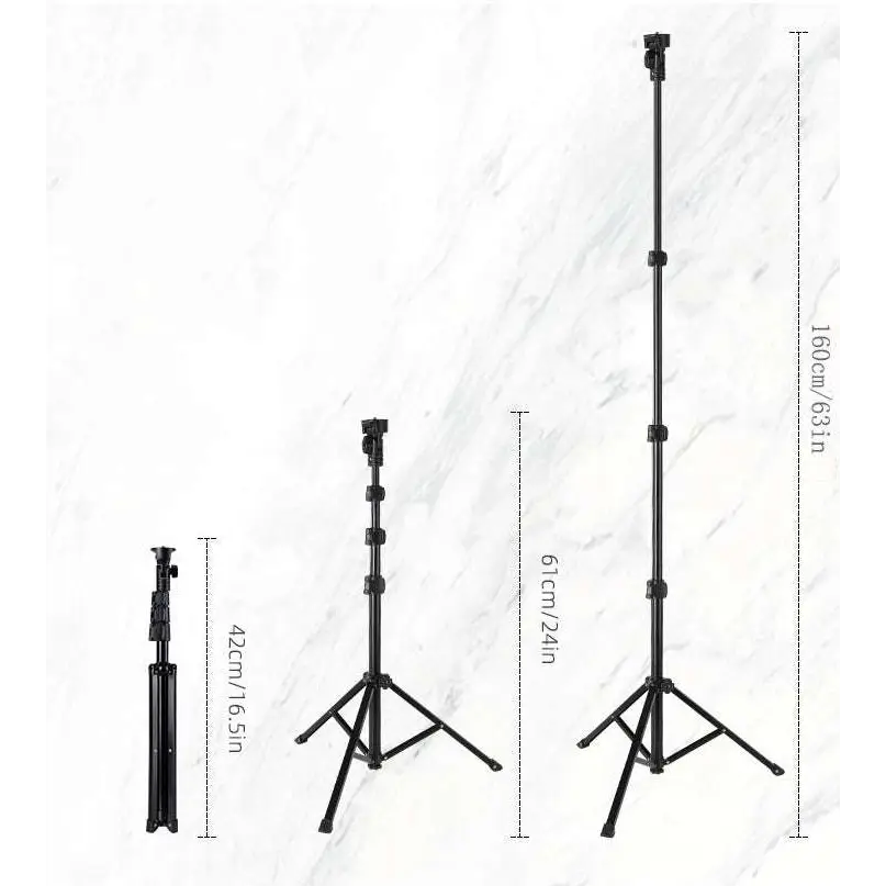 Black telescopic tripod stand with adjustable height and three-legged base for 10 inch 26cm ring beauty light with phone holder