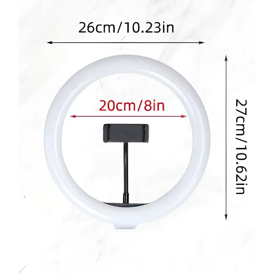 White 10 inch 26cm ring beauty light with black phone holder stand for live streaming and photography use