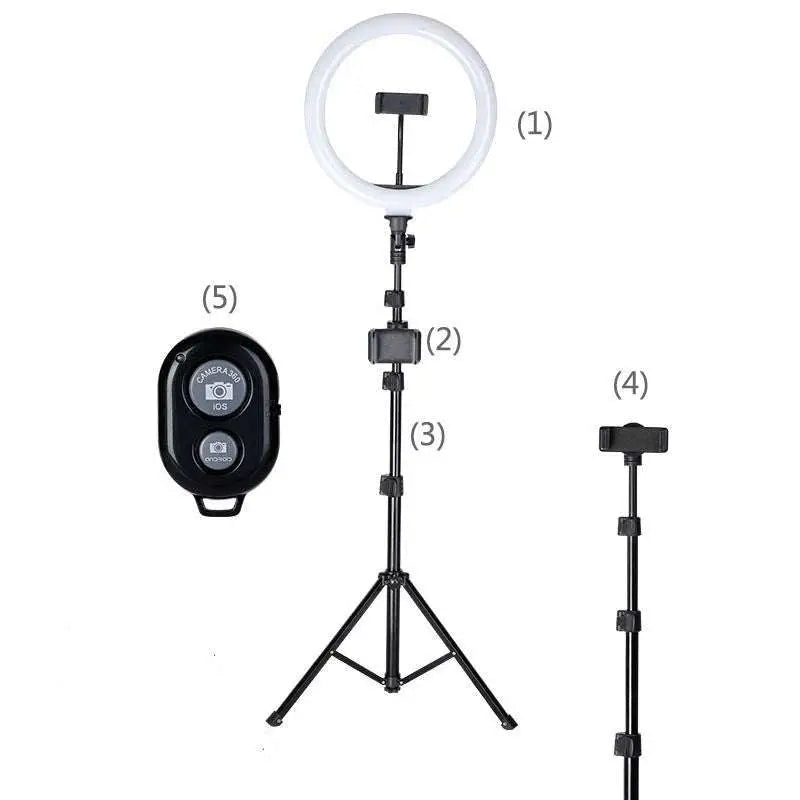 White circular 10 inch 26cm ring beauty light with black tripod stand and smartphone holder for live streaming