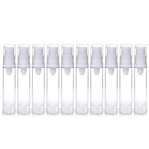 Clear plastic pack 10ml airless pump press travel bottles with white pump nozzles for convenient dispensing