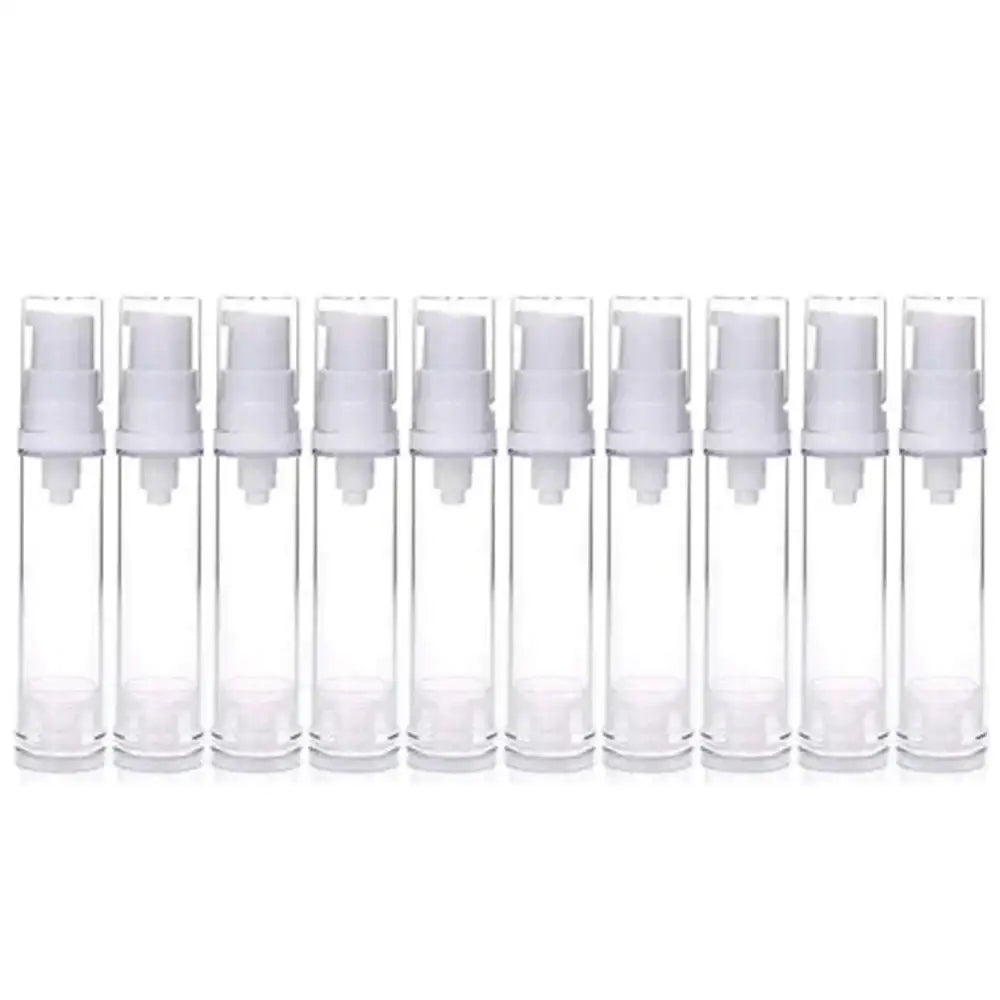 Clear plastic pack 10ml airless pump press travel bottles with white pump nozzles for easy dispensing