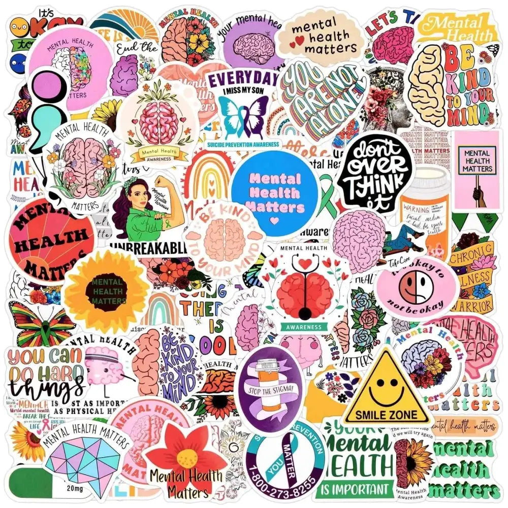 A vibrant collection of colorful mental health stickers featuring brain illustrations and motivational phrases for water bottles and laptops