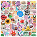 A vibrant collection of colorful mental health stickers with brain designs and motivational phrases for water bottles and laptops