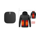Black heated jacket showing back with four glowing orange zones powered by 10000mah mini power bank dual usb ports