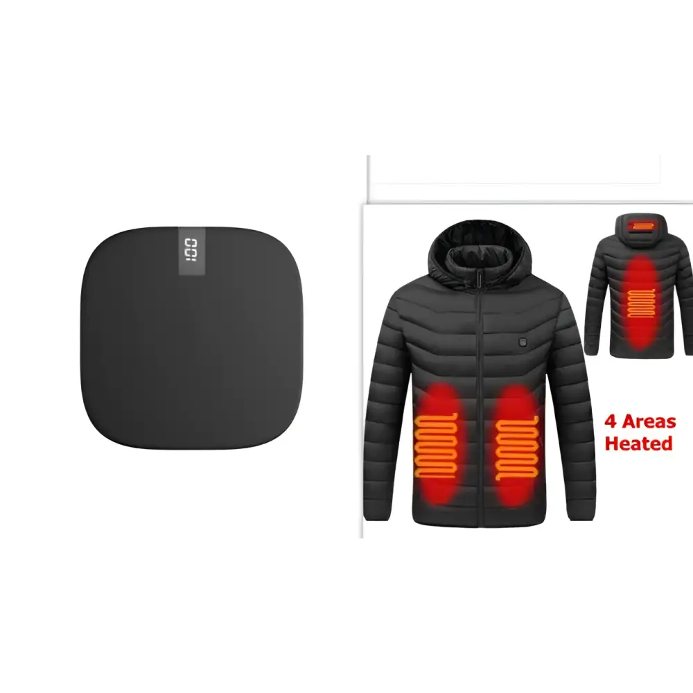 Black heated jacket showing back with four glowing orange zones powered by 10000mah mini power bank dual usb ports