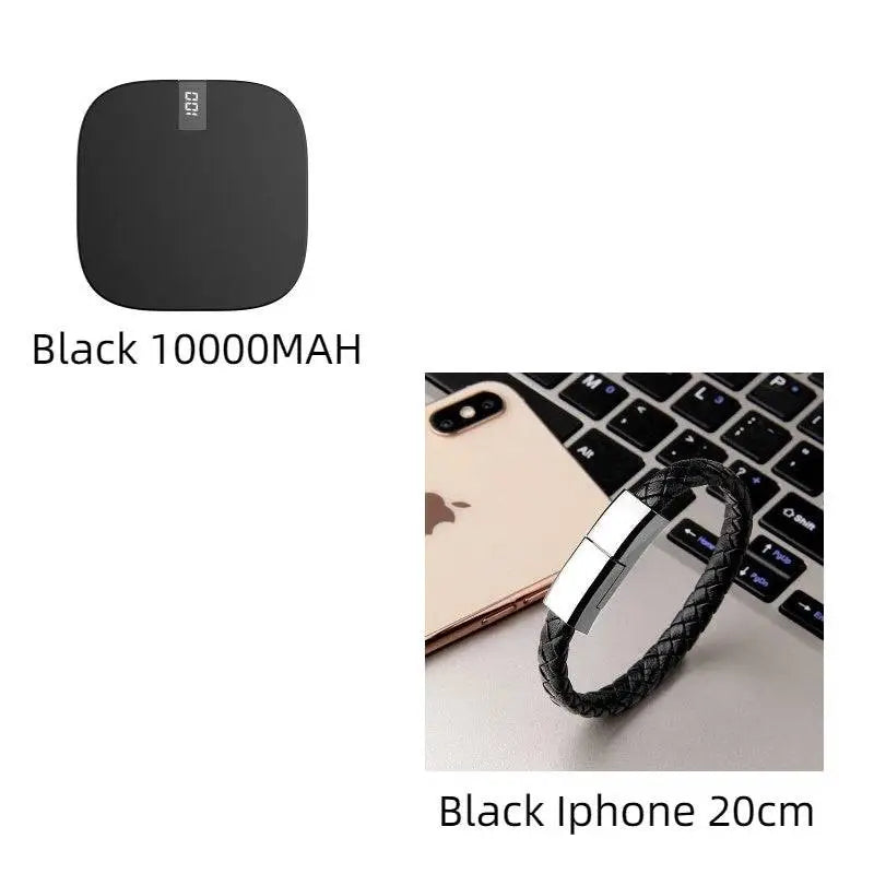 Black braided leather charging cable with silver clasp for 10000mah mini power with dual usb ports and lcd display