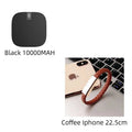 Black square-shaped 10000mah mini power bank with dual usb ports, rounded corners, and silver logo on top surface