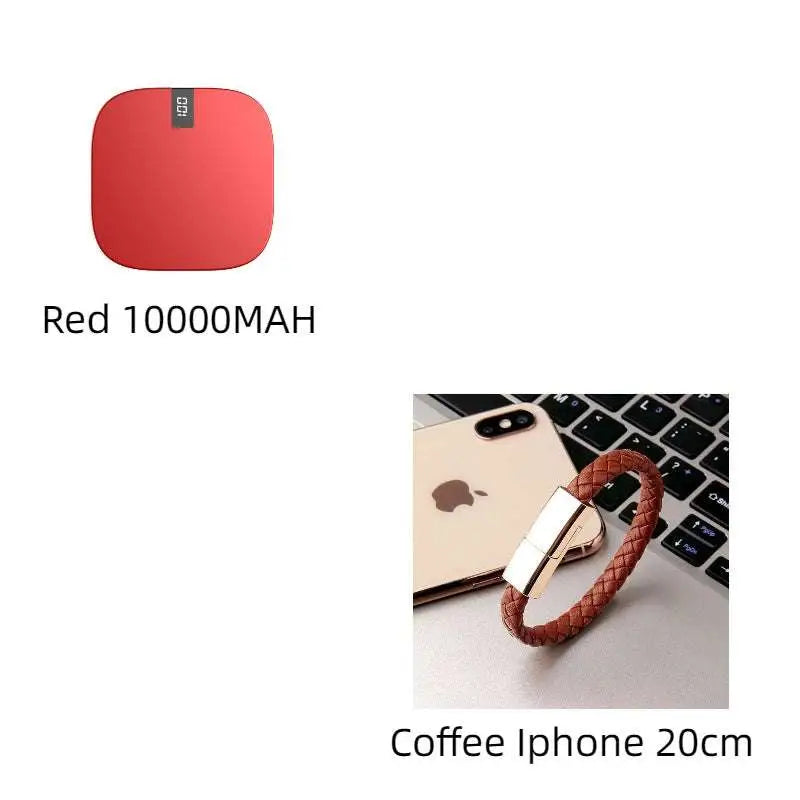 Red square-shaped 10000mah mini power bank with dual usb ports matte finish and small black label on top edge