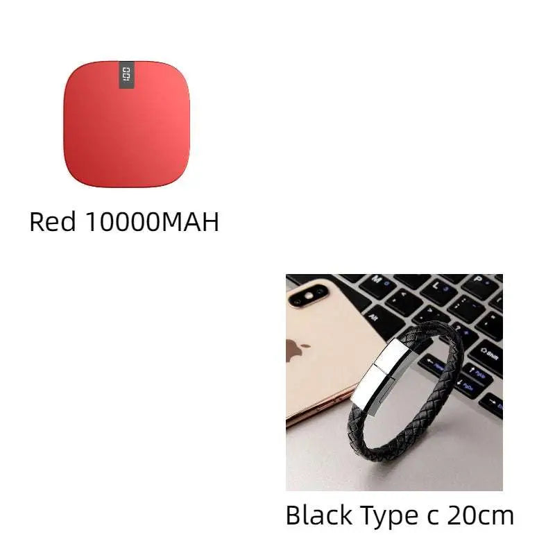 Red square-shaped 10000mah mini power bank with dual usb ports matte finish and black branding top corner lcd display