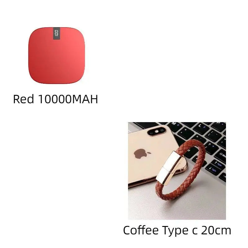 Red 10000mah mini power bank with dual usb ports square-shaped matte finish and small black label on top edge